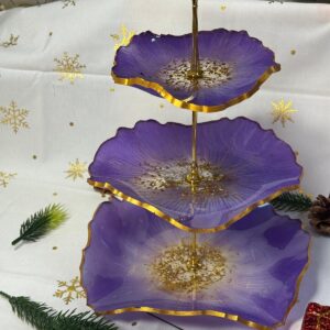 Handgemachtes 3-Etagen-Serviertablett aus Epoxidharz – Luxus Etagere mit Goldrand – Dessertständer & Deko-Platte – Wählbar in Lila oder Türkis